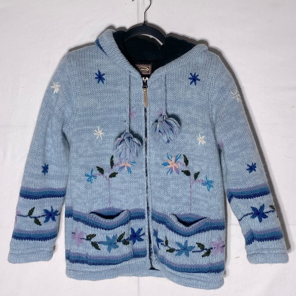 Kyber Blue Knit Full Zip Lined Wool Snowflake Flower Hoodie Sweater S
